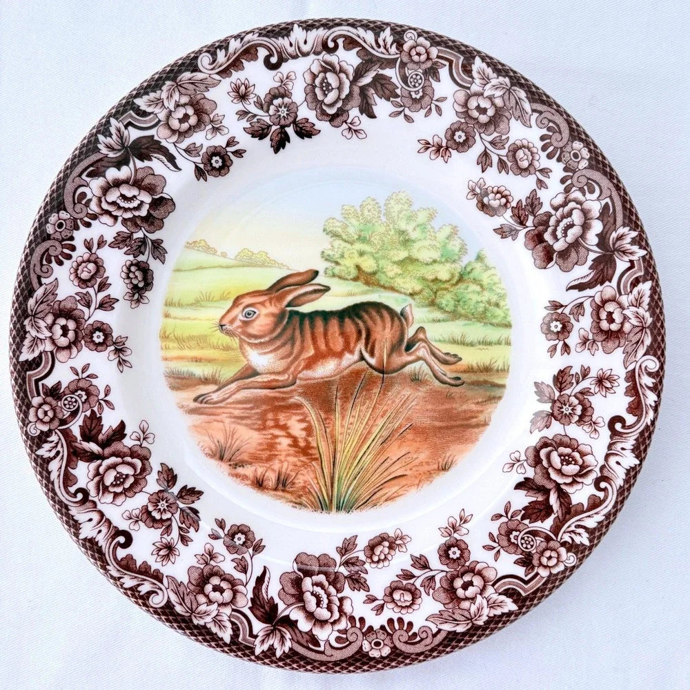 Spode Woodland Plate Rabbit Brown Floral Border Made in England S3422 with Box